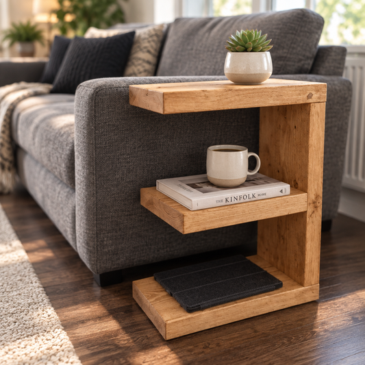 Slim E-Shaped Side Table with Shelf – Handmade Solid Wood