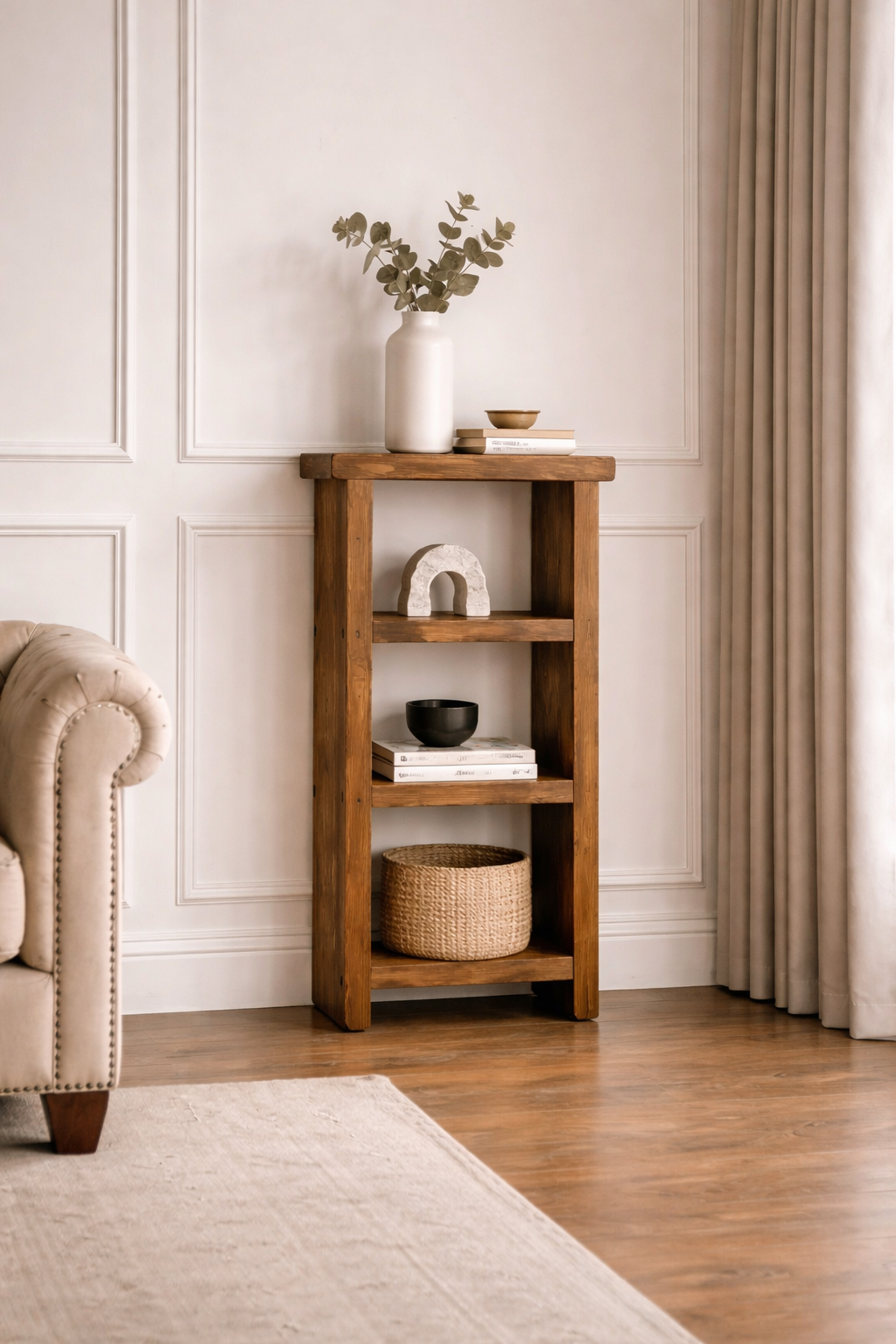 Rustic Tall Bookshelf - Vertical Storage Unit Handmade From Solid Wood With Wood Wax Coating