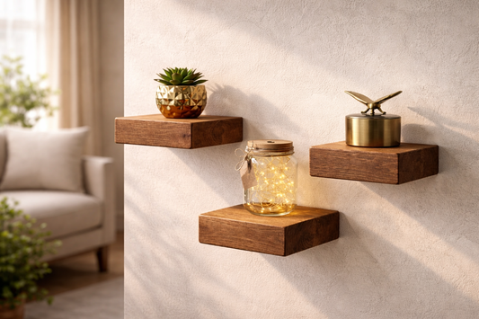 Wooden Mini Block Shelf – Handcrafted Solid Wood Wall-Mounted Display Shelf