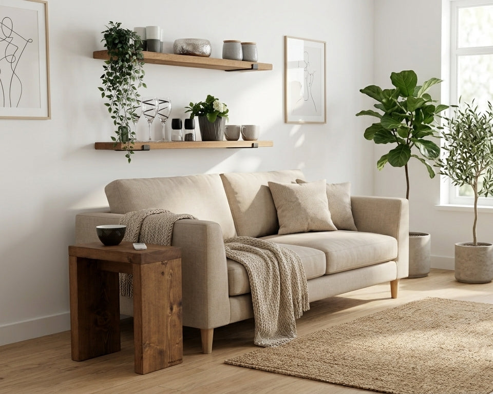 Living room with beige sofa, wooden side table, and plants
