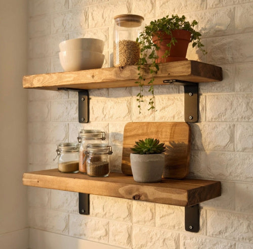 Rustic Wooden Shelf UK – Solid Pine | L Bracket Wall Support & Classic Rustic Decor