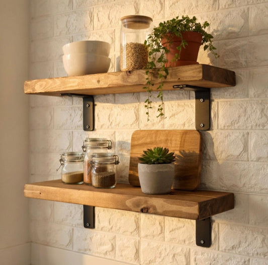 Rustic Wooden Shelf UK – Solid Pine | L Bracket Wall Support & Classic Rustic Decor