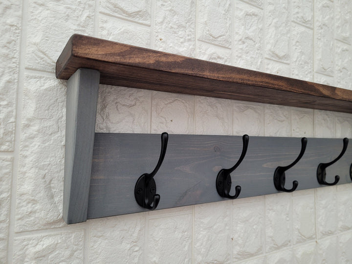 Coat Rack with rustic Shelf- Wall Mounted Floating Shelf for Hallway, Entryway, Utility Room or Bathroom.