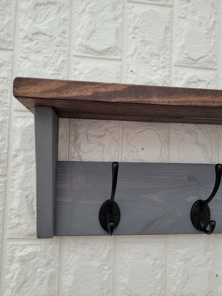 Coat Rack with rustic Shelf- Wall Mounted Floating Shelf for Hallway, Entryway, Utility Room or Bathroom.