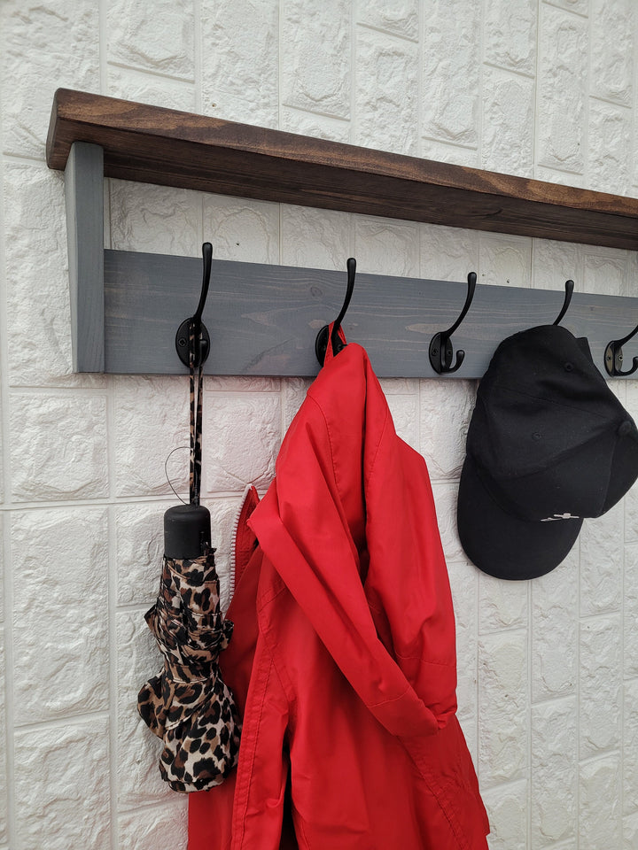 Coat Rack with rustic Shelf- Wall Mounted Floating Shelf for Hallway, Entryway, Utility Room or Bathroom.