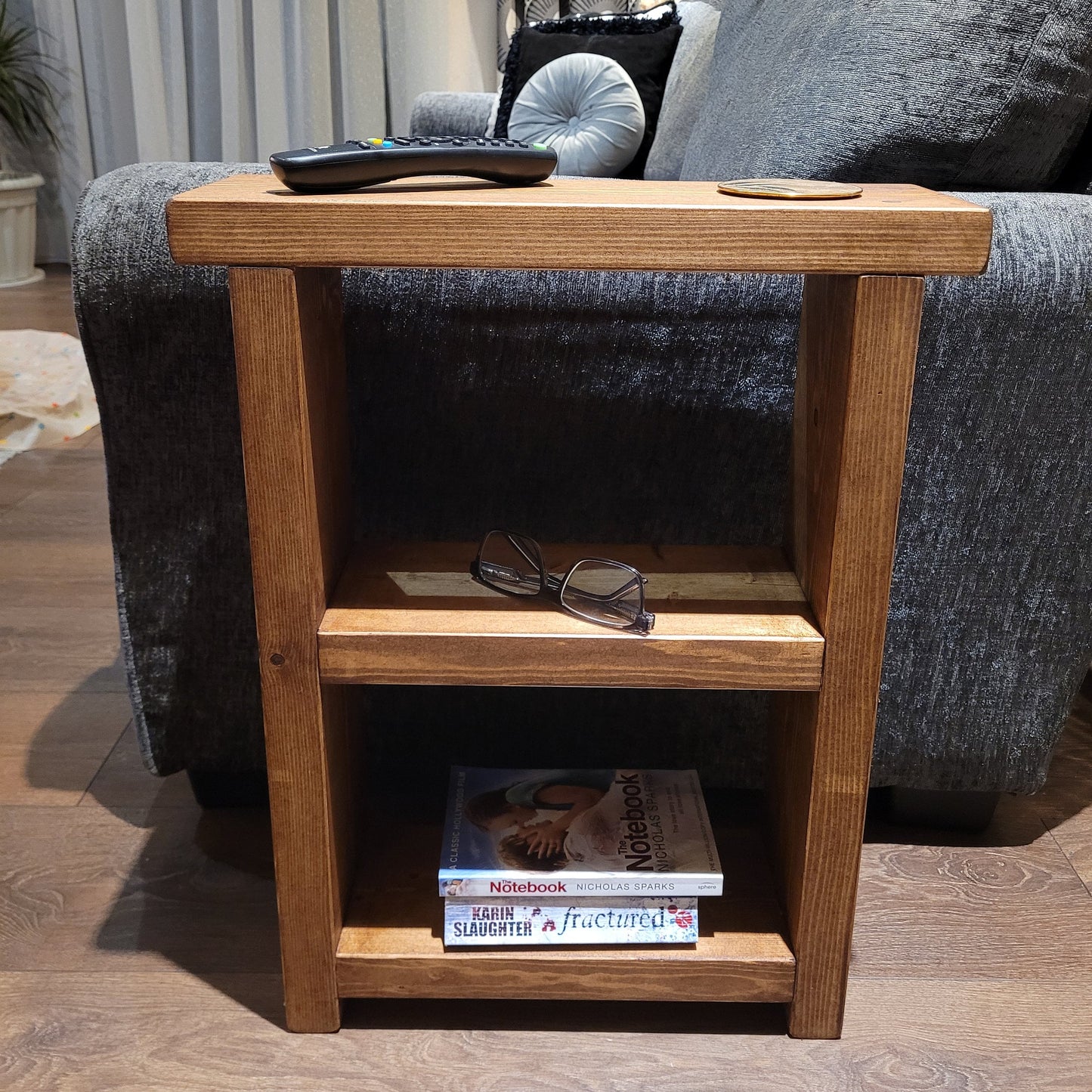 Rustic Wooden side coffee end with two shelves slim narrow table various wax colours and sizes handmade