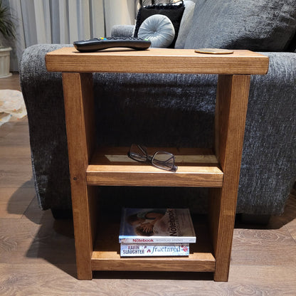 Rustic Wooden side coffee end with two shelves slim narrow table various wax colours and sizes handmade