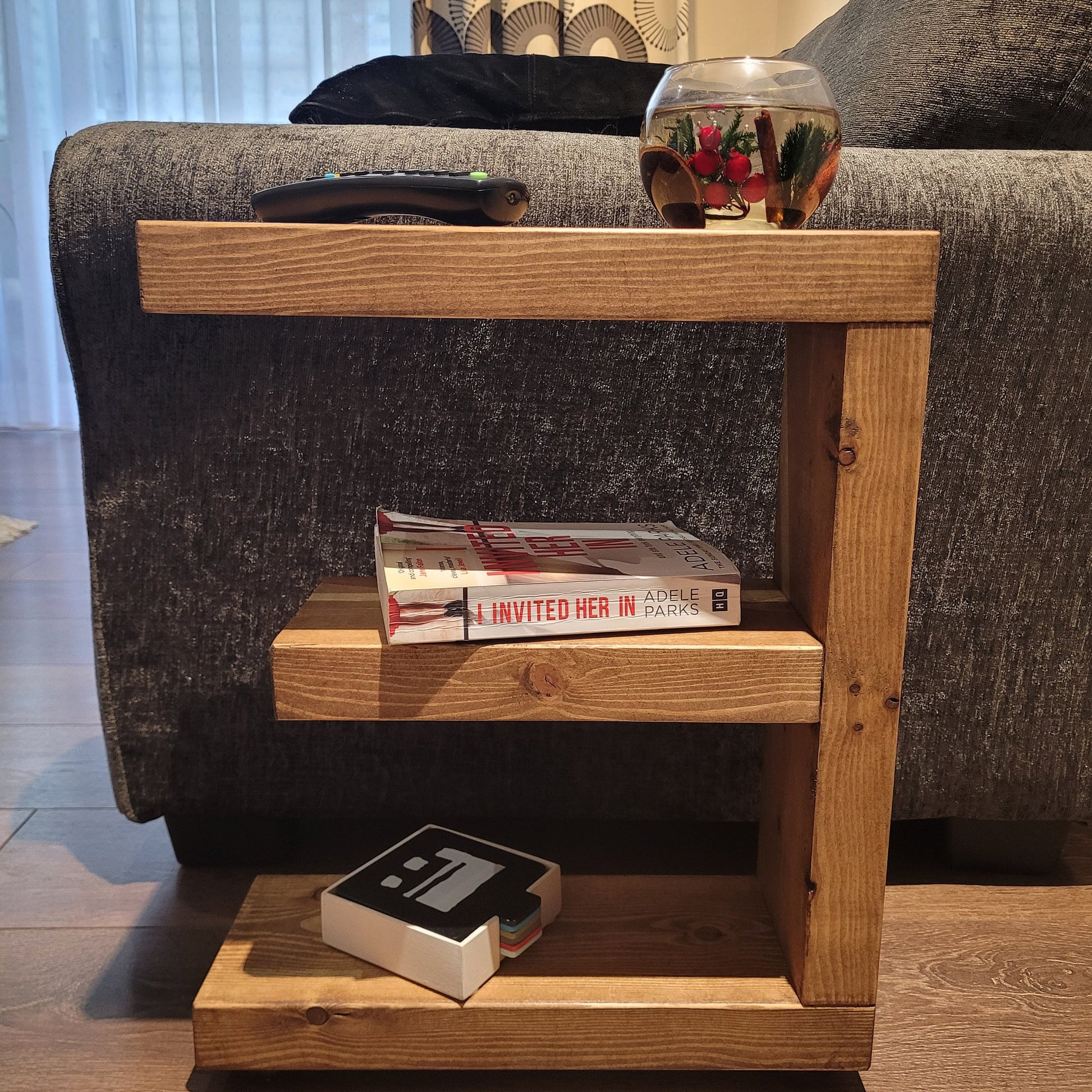 Rustic Wood E SHAPE end coffee slim narrow side sofa waxed solid table various colours and sizes