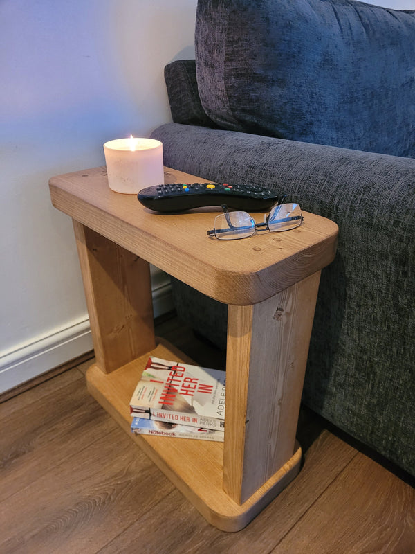 Wooden Rustic Solid Round corners 22 cm Coffee Sofa Side Narrow Table Bookshelf various wax colours handmade