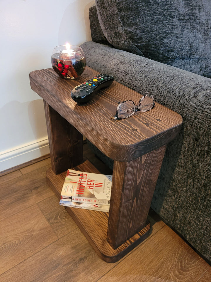 Wooden Rustic Solid Round corners 22 cm Coffee Sofa Side Narrow Table Bookshelf various wax colours handmade