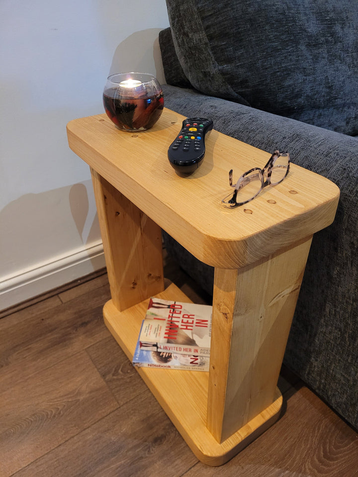 Wooden Rustic Solid Round corners 22 cm Coffee Sofa Side Narrow Table Bookshelf various wax colours handmade