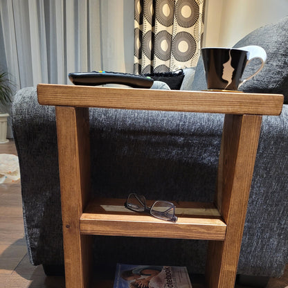 Rustic Wooden side coffee end with two shelves slim narrow table various wax colours and sizes handmade