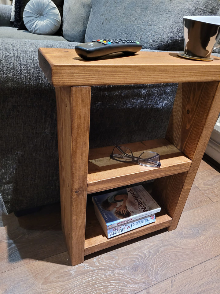 Rustic Wooden side coffee end with two shelves slim narrow table various wax colours and sizes handmade