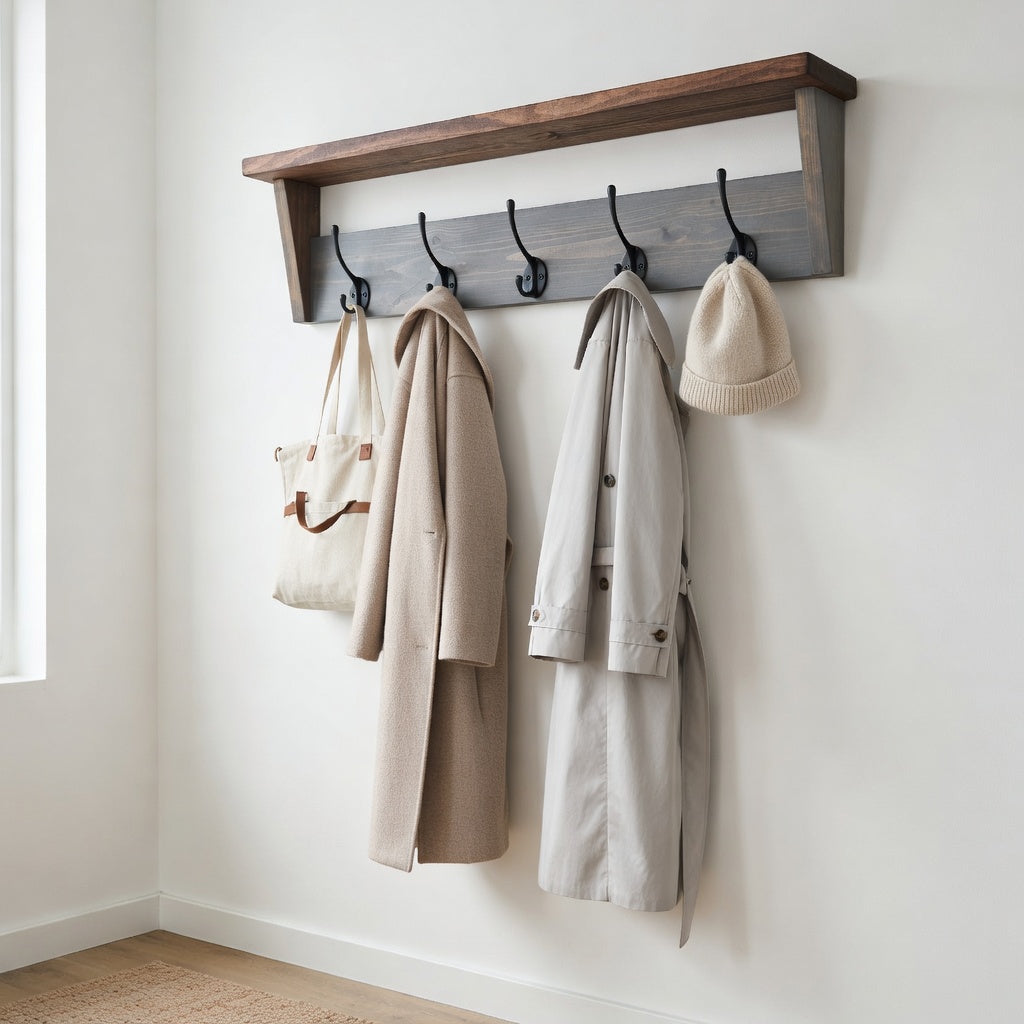Rustic Coat Rack with Shelf | Cast Iron Hooks