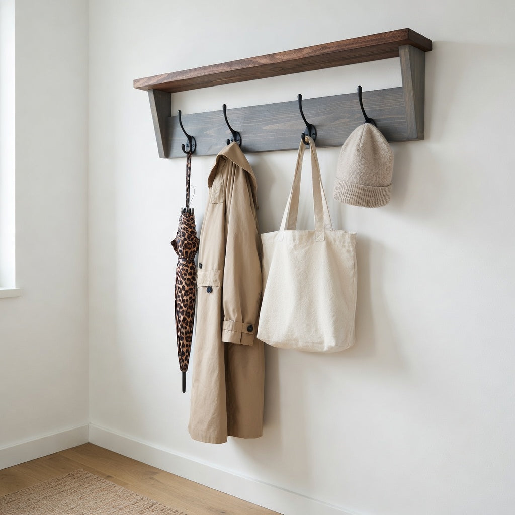 Rustic Coat Rack with Shelf | Cast Iron Hooks