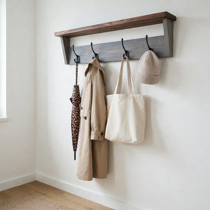 Rustic Coat Rack with Shelf | Cast Iron Hooks