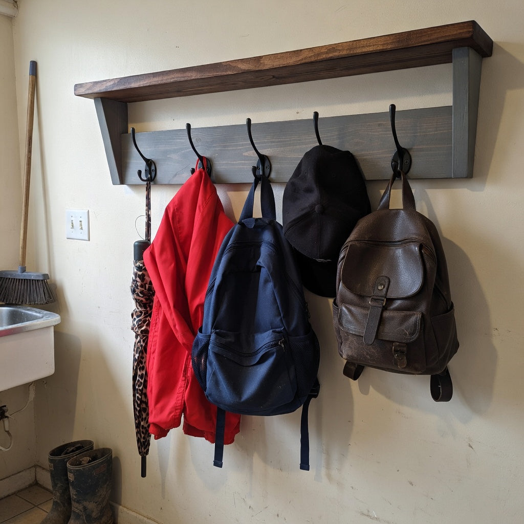 Rustic Coat Rack with Shelf | Cast Iron Hooks
