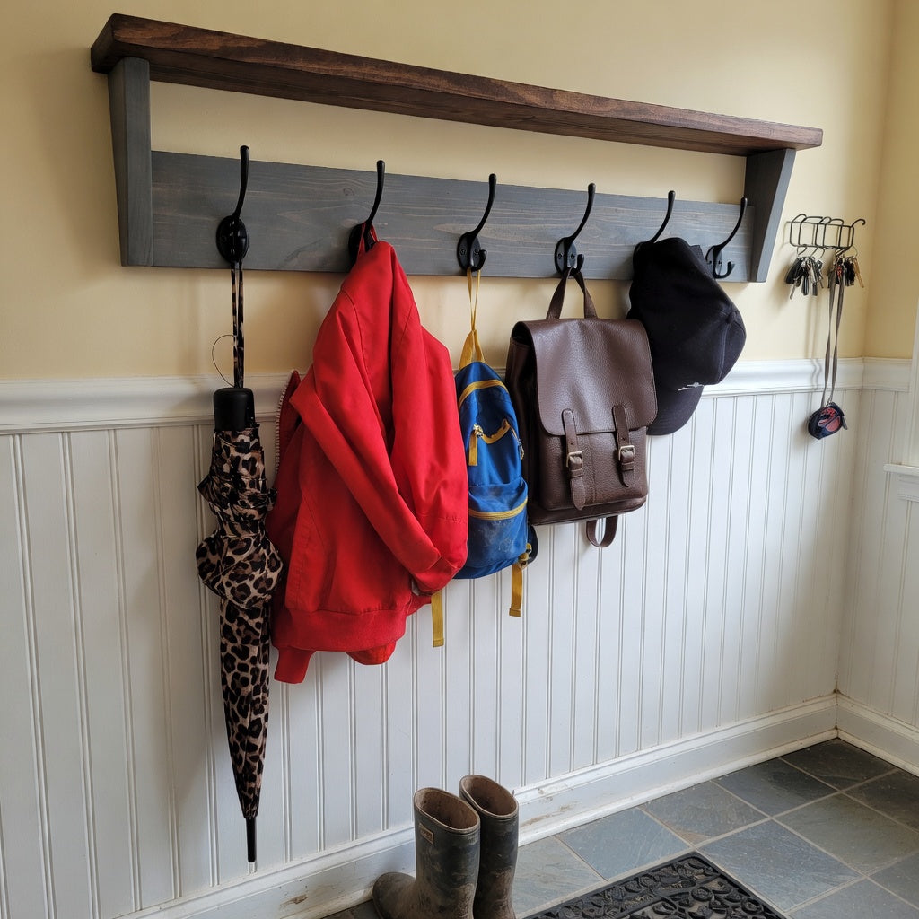 Rustic Coat Rack with Shelf | Cast Iron Hooks
