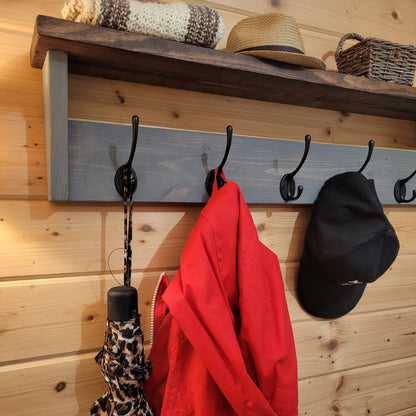 Rustic Coat Rack with Shelf | Cast Iron Hooks