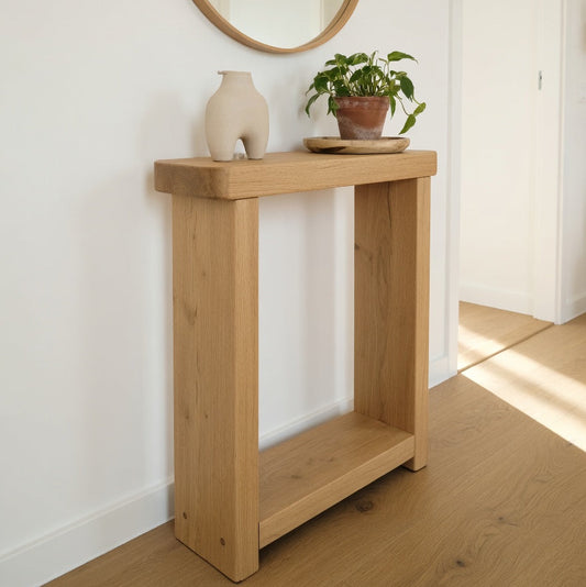 Rustic Rounded Corner Table UK – Solid Wood Handmade Slim Console & Side Table 50 x 14.5 cm