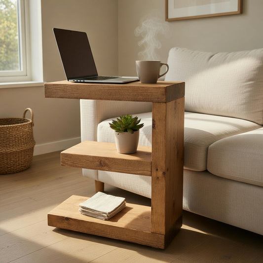 Rustic Side Sofa Table – Handmade Solid Wood E Shape Table with Shelf