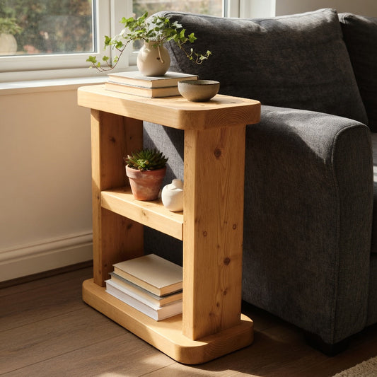 Rustic Side  Rounded corners Table UK – Handmade Solid Wood Two Shelf Table With Wood Wax Finish