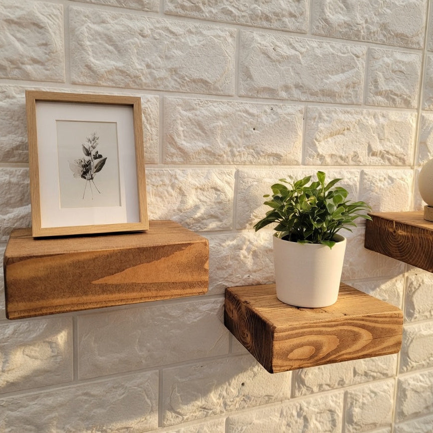 Wooden Mini Block Shelf – Handcrafted Solid Wood Wall-Mounted Display Shelf