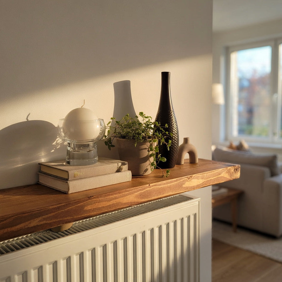 Wooden shelf with decorative items on a radiator in a living room