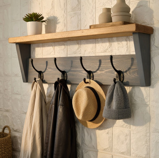 Rustic Coat Rack Shelf UK – Solid Wood Coat Rack with Cast Iron Hooks