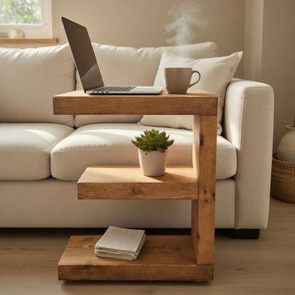 Rustic Side Sofa Table – Handmade Solid Wood E Shape Table with Shelf