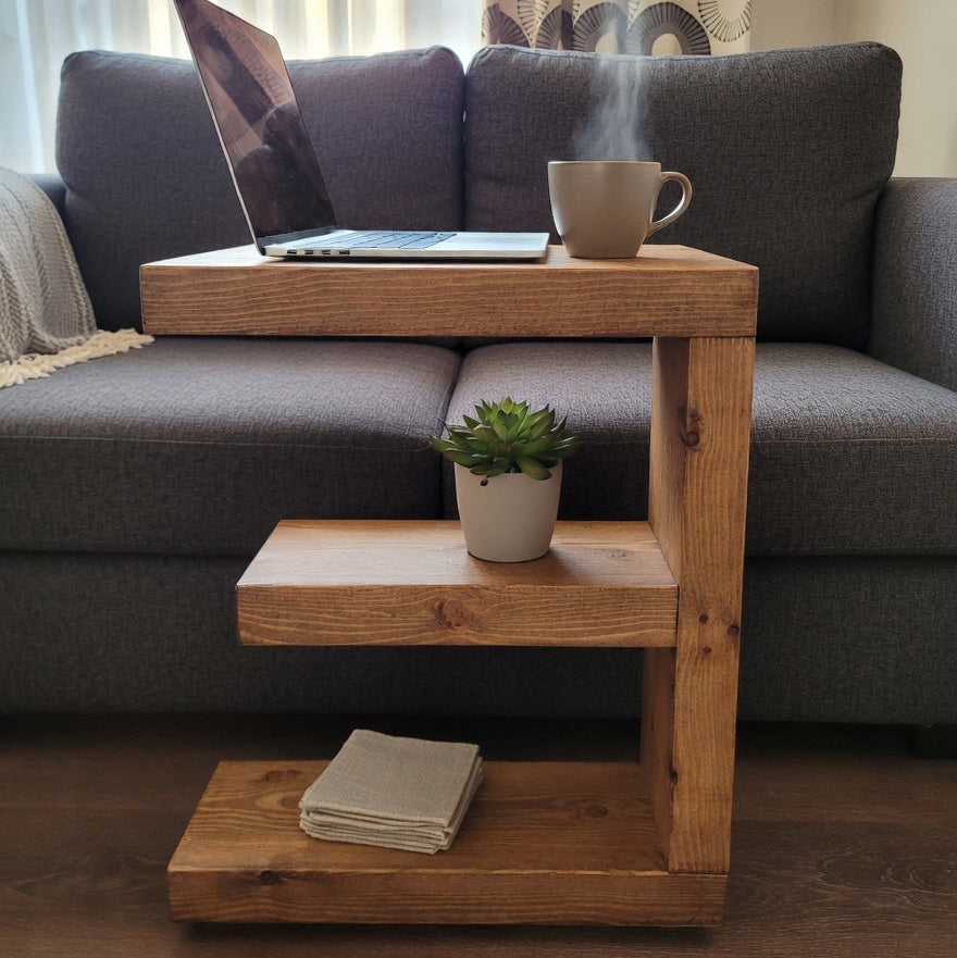 Rustic Side Sofa Table – Handmade Solid Wood E Shape Table with Shelf