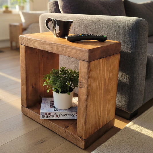 Rustic Side Table - Handmade Cube Solid Wood Table With Premium Wood Wax Finish