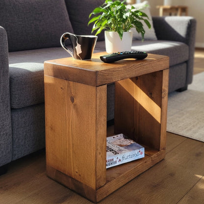 Rustic Side Table - Handmade Cube Solid Wood Table With Premium Wood Wax Finish
