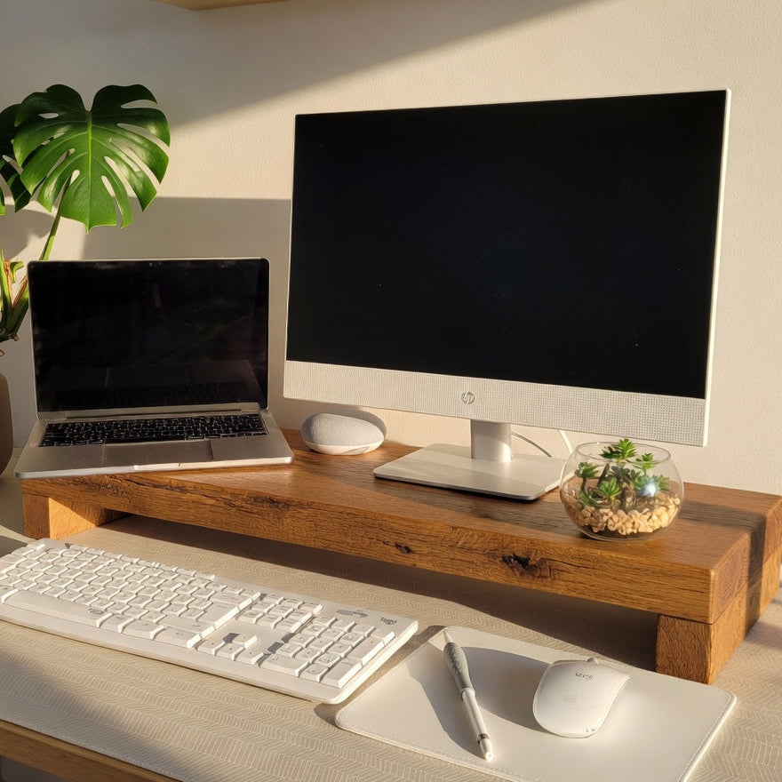 Rustic Laptop Monitor Stand – Solid Wood Ergonomic Desk Workspace Organizer